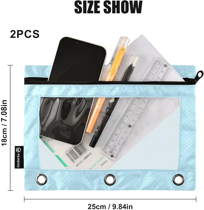 Gredecor Binder Pencil Pouch 3 Ring Light Blue Zipper Pencil Pouches Case 2 Pack Clear Binder Organizer for School Office