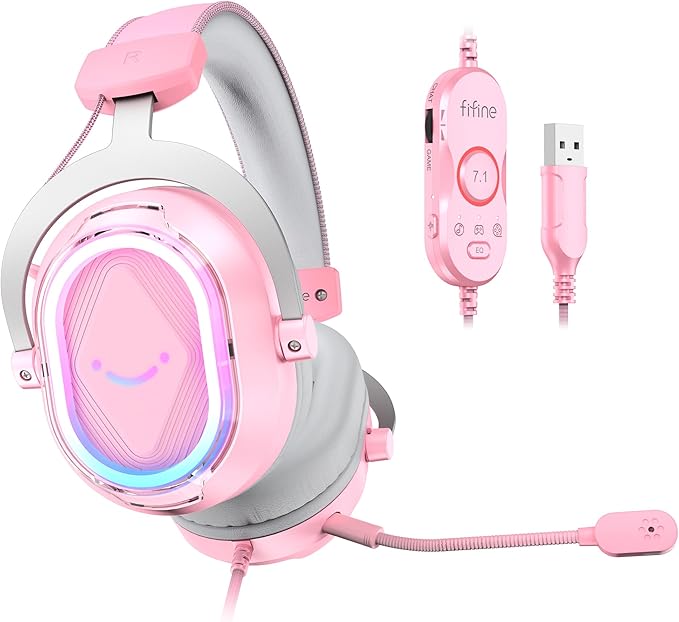 FIFINE Wired RGB Gaming Headset, PC Over-Ear Streaming Headset with USB, 7.1 Surround Sound, Noise-Cancelling Mic, Soft Ear Pads, 4 EQ Modes for PC, Laptop, Mac, PS4, PS5 - AmpliGame H13P (Pink)