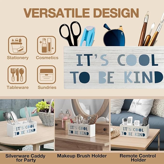 Boho Blue Pen Pencil Holder Organizer for Desk Accessories, Boys Room Decor, It's Cool to Be Kind Wooden Box Signs Decorations for Kids Boys Nursery Bedroom Playroom Desk Tabletop