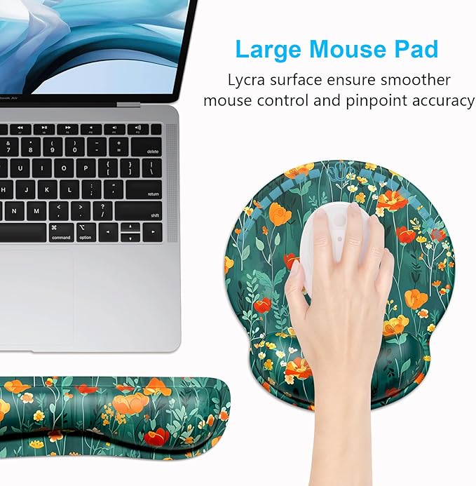 Dapesuom Keyboard Wrist Rest and Mouse Pad with Wrist Support, Cute Memory Foam Cushion for Keyboard and Mouse Set, Desktop Pad Rests with Non Slip Base for Easy Typing & Pain Relief, Forest Flowers