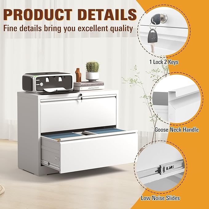 2-Drawer Lateral File Cabinet with Lock, Black Metal Filing Cabinet for Office or Home – Secure Storage for Letter/Legal/A4/F4 Documents, Easy to Assemble Locking File Organizer (White, 2 Drawer-28"H)