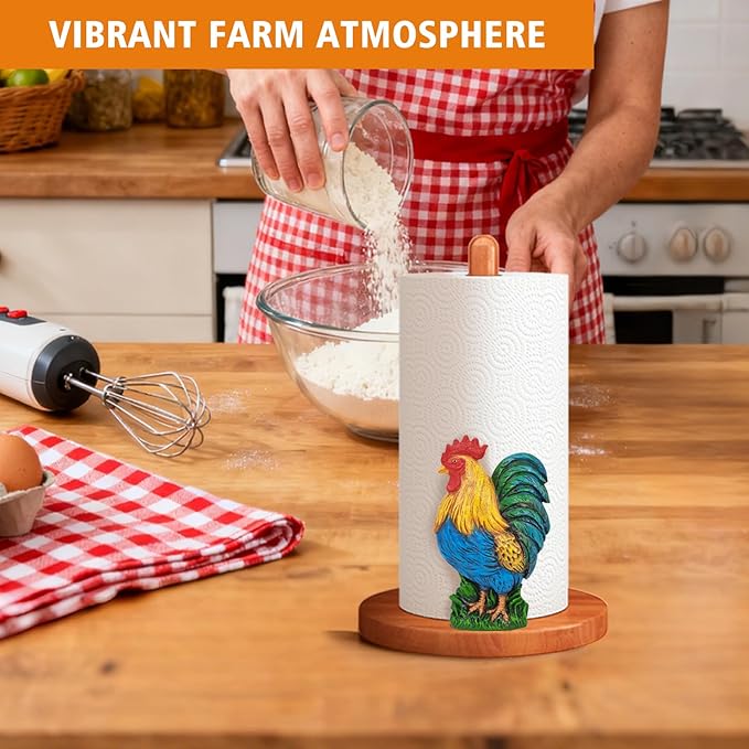 Rooster Paper Towel Holder Countertop, 3D Modern Chicken Farmhouse Kitchen Counter Decor, Cute Rooster Wooden Stand for Bathroom & Home Indoor Table Accessories, Gift for Women, Housewarming Gifts