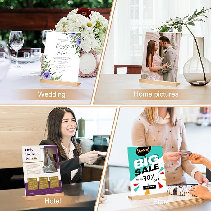 EHWINE 8.5 x 11 Acrylic Sign Holder, 6 Pack L Shape Frames With Wood Base, Clear Table Flyer Menu Stand for Office Business Store, Brown and Wood Color Base