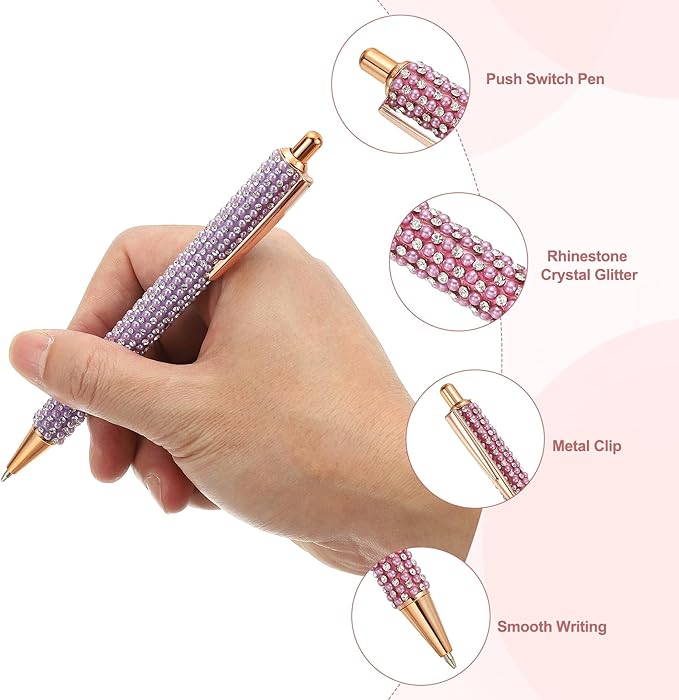 PATIKIL Rhinestone Metal Ballpoint Pen, 4 Pack Crystal Pearl Pens Black Ink 1.0mm Point Sparkly for Women Gift Office Note Taking Journaling, Light Rose Red