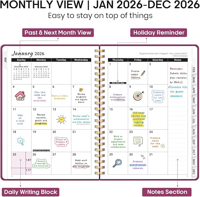 2026 Planner 8.5" x 11", Weekly and Monthly Calendar Planner Book, January 2026 - December 2026, Hardcover Spiral Planner with Monthly Tabs, Notes Pages, Perfect for Women & Men, A4 - Raspberry