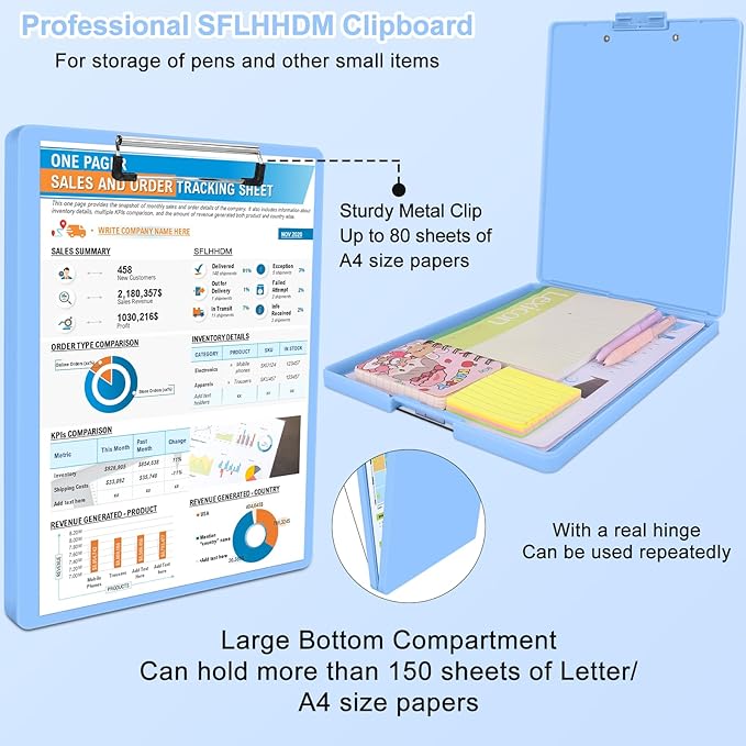 Clipboard with Storage,Three-Tier Box Clipboards(Letter Size),Storage Clipboard with Clip Form Holder Clipboards,Dry Erase Clip Boards 8.5x11 with Storage for Office Supplies Clip Board-Lake Blue