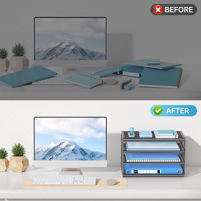 Lavatino 3-Tier Letter Tray Desk Organizer, Mesh Metal Paper File Tray Organizer for Desk, Office Supplies & Home Organization, Fits A4 Paper, Mail, Magazines & Office Accessories (Grey with Handle)