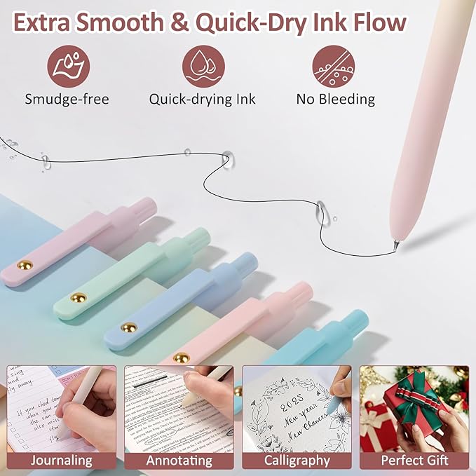 FIOVER Gel Pens, 6 Pcs 0.7mm Comfort Grip Quick Dry Black Ink Pens Fine Point Smooth Writing Pens, Cute Office Back to School Supplies Gifts for Women (6PCS Gradient Black Ink)