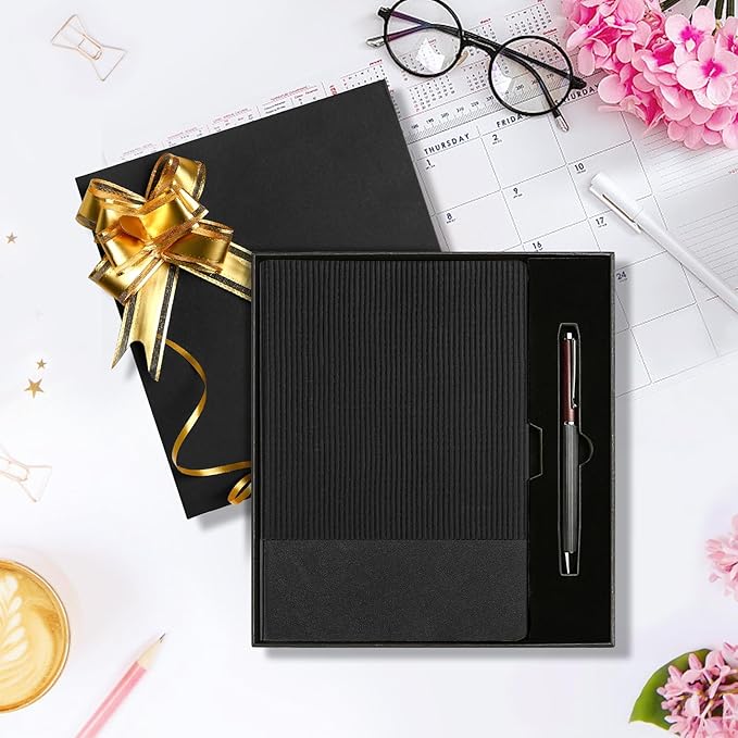 TSFPapier A5 Lined Notebook with Pen & Gift Box 216 Pages PU Leather Journals for Women Men 100GSM Thick Paper College Ruled Notebook for School,Travel,Business,Work,Home Writing (Black)