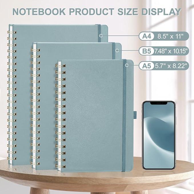 AHGXG Lined Spiral Notebook 8.5" x 11", A4 Large Notebooks for Women Men, Hardcover Leather Notebook College Ruled, 100 GSM Thick Paper, Notebooks for Work School Note Taking Writing, GrayBlue