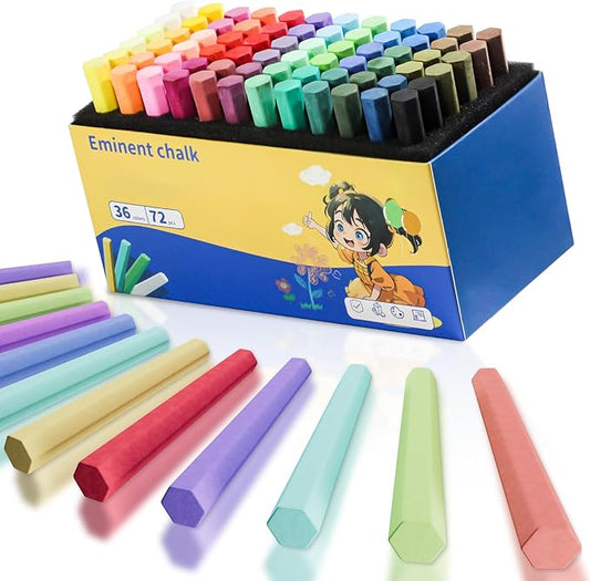 72PCS Washable Sidewalk Chalks Set, 36 Colors Non-Toxic Chalk Paint Bulk for Kids, Oversized Colored Chalk for Painting on Chalkboard, Chalk Pavement and Outdoor Art Play
