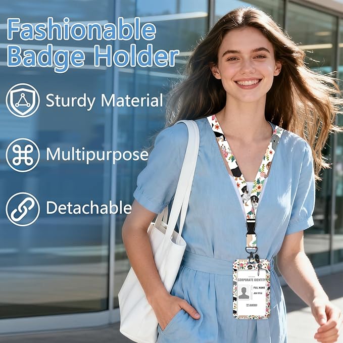 Floral Dogs Lanyard with Id Holder, Cute ID Badge Holder with Retractable Lanyard, ID Holder with Badge Reel Clips, Animal Keychain Name Tag ID Card Holder Teacher Women Doctor Office Gift