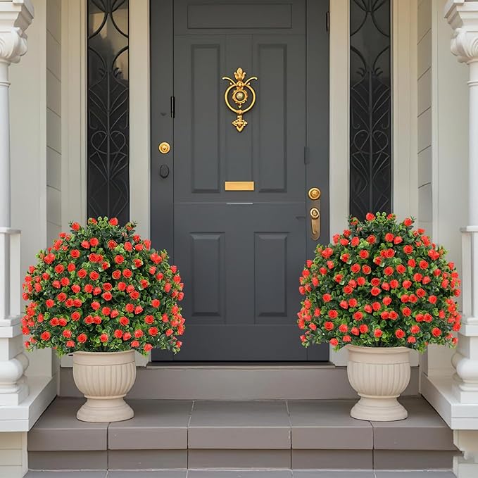 Goplus 21.5’’ Artificial Rose Topiary Ball Tree, Set of 2 Faux Potted Plants Artificial Shrubs Bushes with Flowers, Fake Evergreen Artificial Topiary for Indoor Outdoor Home Front Porch Decor