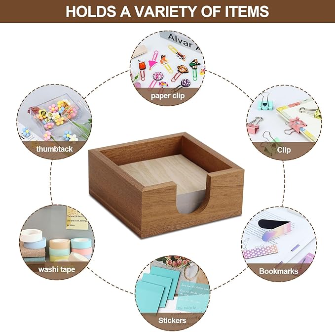 Buqoo Sticky Note Holder, Sapelli Wood Self Stick Note Pad Holders, 4x4 Cube Paper Holder Desk Organizer Suitable for School Home Office Desk Accessories Supplies and Office Desk Decor