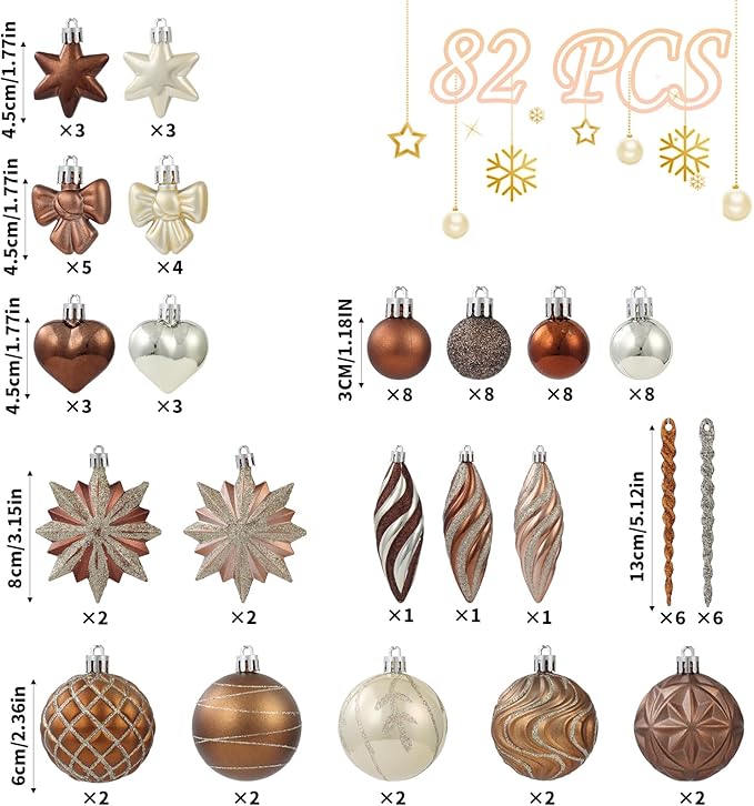 82Pcs Brown and Gold Christmas Ornaments Set, Shatterproof Medium Christmas Ball Ornaments, Christmas Decorations Hanging Ornaments for Xmas Trees, Holiday, Party Decor (Brown & Gold)