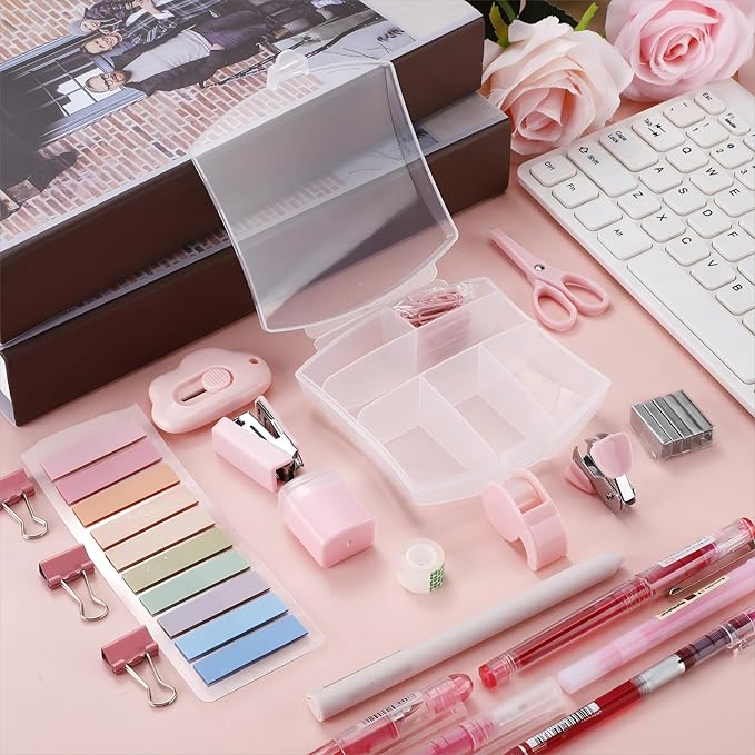 Colarr Mini Office Supply Kit Includes Stapler Tape Dispenser Staple Remover Paper Clips Scissor Staples Pen Sharpener Note Small Telescopic Knife for Office and School Clerk Student (Pink)