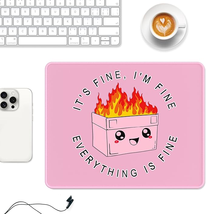 Auhoahsil Mouse Pad, 12 x 10 in Dumpster on Fire Computer Mouse Pad for Desk, Premium-Textured Non-Slip Rubber Stitched Edges Waterproof Square Mouse Mat for Gaming Work Wireless Mice, It's Fine