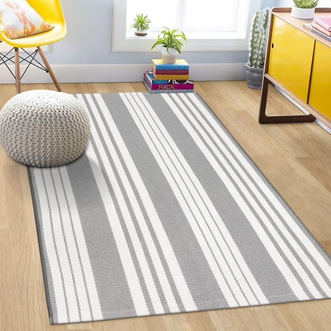 OJIA Entryway Rug 3'x5' Cotton Hand Woven Christmas Front Door Mat Holiday Doormat Machine Washable Outdoor Rugs Grey and White Striped Entry Rug Porch Rugs for Farmhouse/Bedroom/Home Entrance Decor