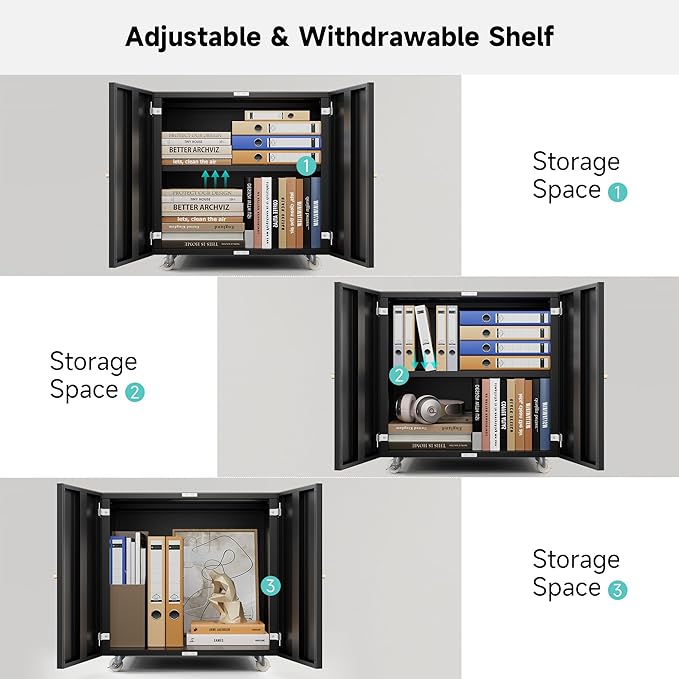 Warmiehomy Metal Printer Stand with Storage Mobile Printer Tables for Small Spaces with Door Adjustable Shelf File Cabinet on Wheels for Home Office (Black)