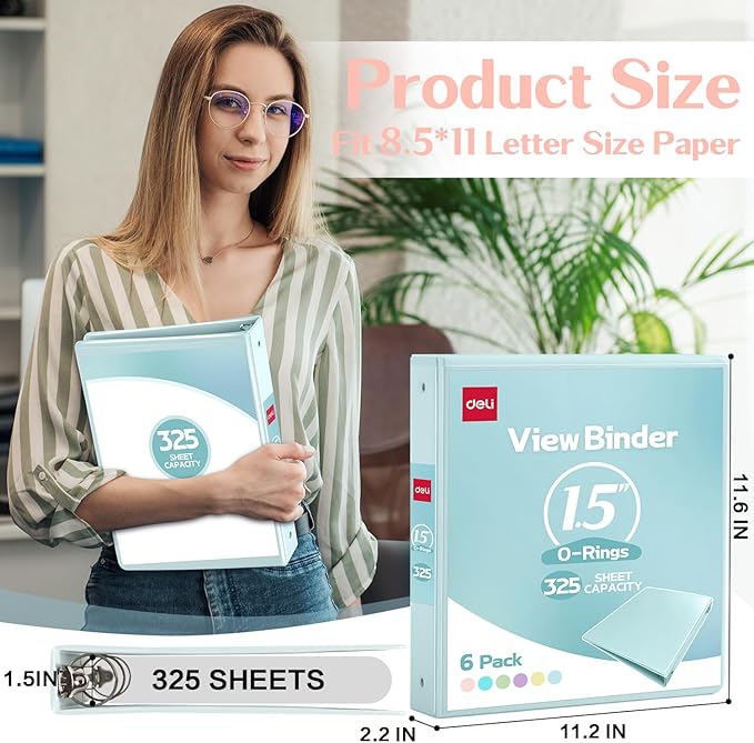 Deli 1.5-inch 3 Ring Binder with 2 Interior Pockets, 325 Sheets Capacity, 1.5 inch Binders fits 11" x 8.5" US Letter Size, Assorted 6 Pastel Colors, 6 Pack