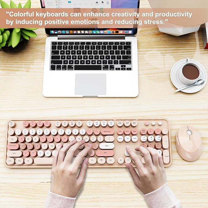 Wireless Keyboard and Mouse, Full-Size Typewriter Keyboard with Retro Round Keycaps, Ergonomic Design, Compatible with Windows PCs, Ideal for Home and Office. (Milk Tea)