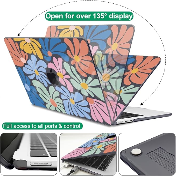 for MacBook Air 13.6 Inch Case 2025 2024 2023 2022 Release Model M4 A3240 M3 A3113 A2681 M2, Pattern Plastic Hard Shell Cover for Mac Air 13 M4 Liquid Retina Display, Colorful Flowers Black