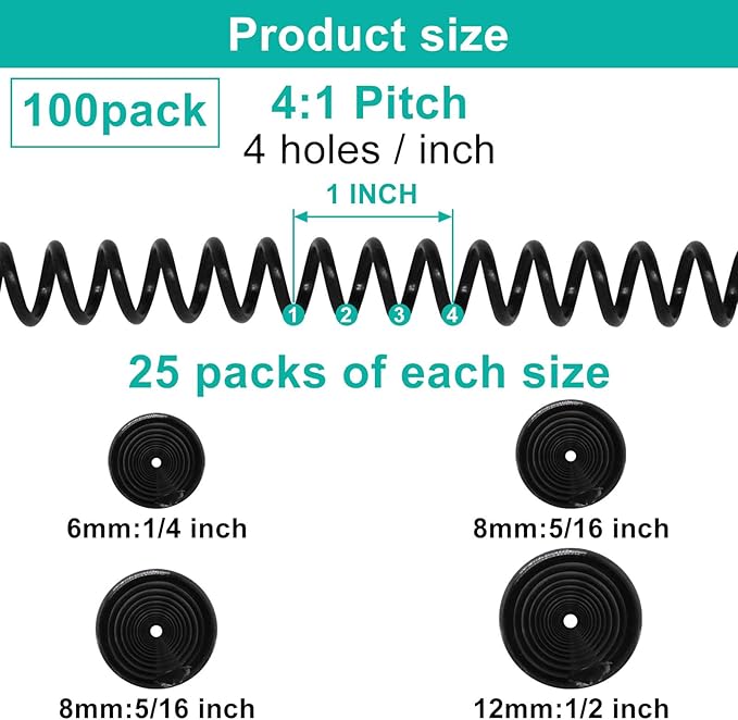 Plastic Spiral Binding Coils 100 Pack, Coil Binding Multi Sizes (6mm+8mm+10mm+12mm), 4:1 Pitch Black Binding Spirals for Students and Coworkers