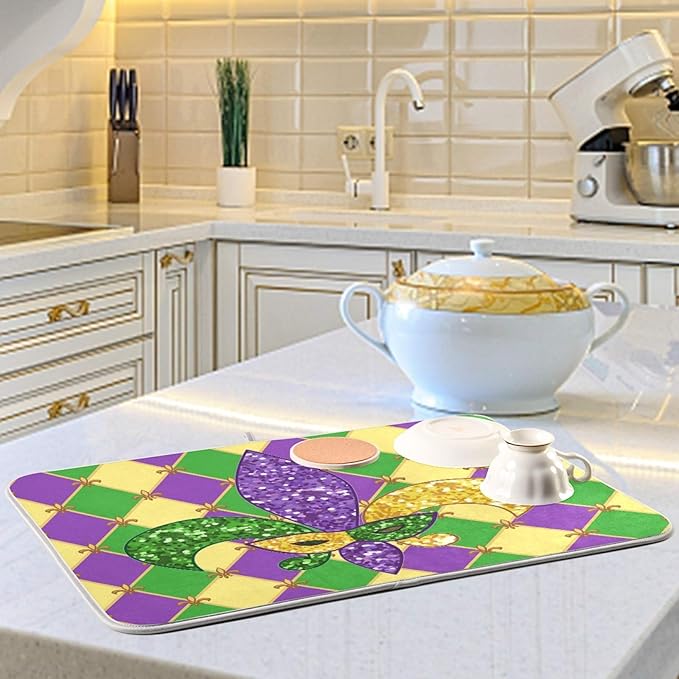 Mardi Gras Fleur De Lis Dish Drying Mat 16 X 18 Inch Rhombus Carnival Mask Absorbent Microfiber Dry Dishes Pads Tableware Mats Protector for Kitchen Countertops Counter Home Decorations