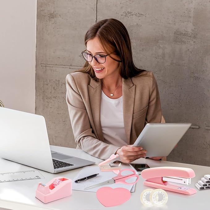 Office Desk Accessories, Pink Office Supplies Set Desk Accessories for Women, Cute Office Supplies with Stapler, Mini Stapler, Staple Remover, Tape, Clips, Scissor and Tabs, Stationary Set for Student