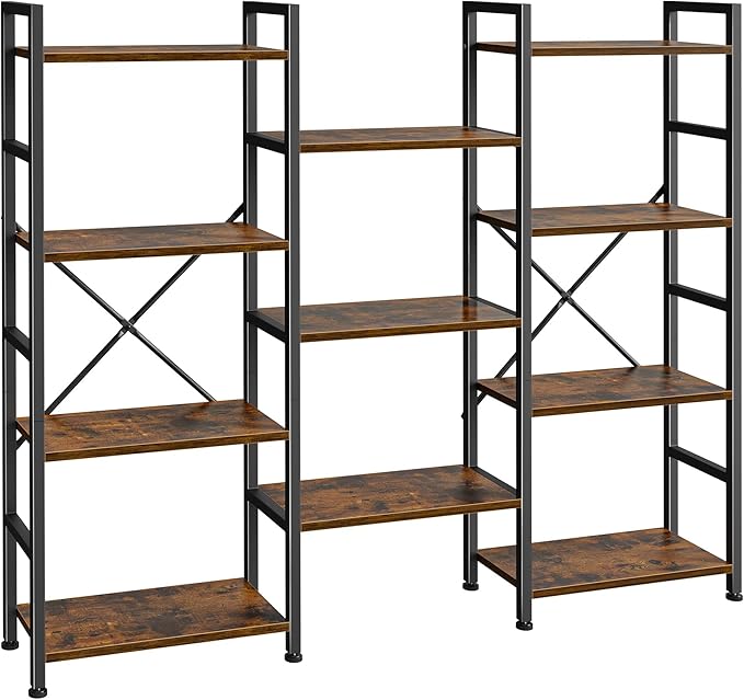SUPERJARE Triple 4 Tier Bookshelf, Bookcase with 11 Open Display Shelves, Wide Book Shelf Book Case for Home & Office, Rustic Brown