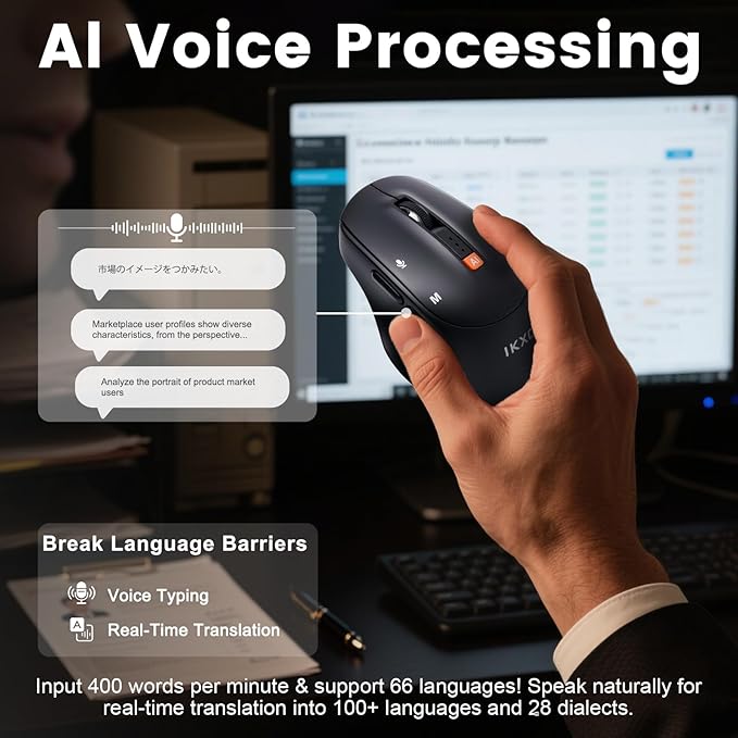 AI Wireless Mouse for PC Laptop Bluetooth Mouse with AI Assistants & Voice Typing 5-Speed DPI Adjustable Ergonomic Design for Office Remote Work High-Performance Device for Professionals Students
