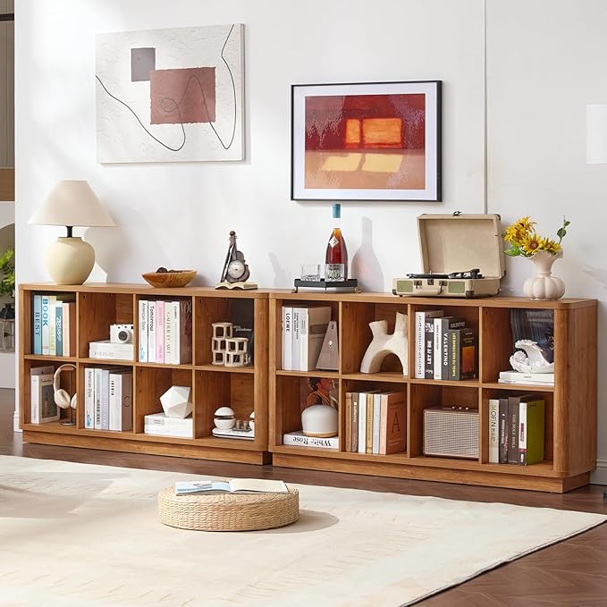 8 Cube Storage Book Shelf, 52" Long Horizontal Bookshelf with Curved Edge, Floor Standing Wooden Cubby Bookcase with Base, Modern Low Console Book Case, TV Stand for Living Room, Brown