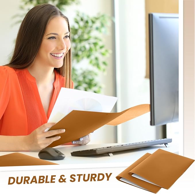 Yeaqee 30 Plastic Folders with Pockets and Prong Plastic Folders with 2 Pockets Pocket for Office, School for Students, Teachers, Office Workers (Brown)