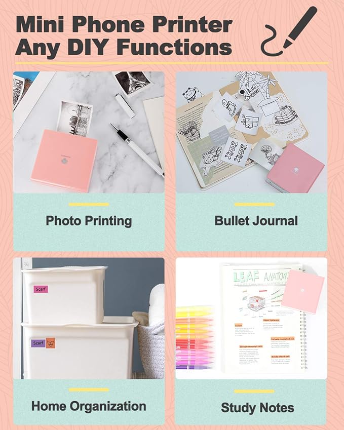 Phomemo Sticker Printer- Mini Thermal Sticker Printer Machine, Small Pocket Label Maker Instant Print for DIY Creation, Study Notes, Photos, Portable Inkless Photo Maker for Kids/Students, Pink