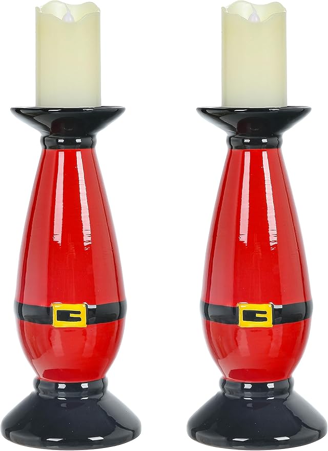 Set of 2 Christmas Hand-Painted Ceramic Large Candle Holders for Pillar Candles (Santa's Belt)