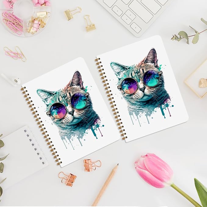 2Pcs Cute Spiral Notebook, Funny Cat College Ruled Spiral Notebook, 160 Pages Hardcover Notebooks Journals for Writing Travel Business Office, Funny Aesthetic Notebooks for Women Cat Garden