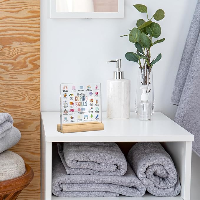 Therapy Office Decor, School Counselor Gifts, Mental Health Office Desk Decor, Gifts for Women Counselor Psychologist Therapist, Healthy Coping Skills Acrylic Sign for Halloween Christmas Gift