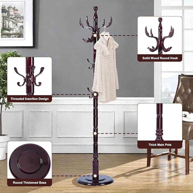 Solid Wood Coat Rack – 72" Freestanding Coat Racks Stand with 14 Hooks & Stable Base, Adjustable Height Modern Wooden Hall Tree for Entryway, Bedroom, Office, Home (Mahogany Phoenix Hook)