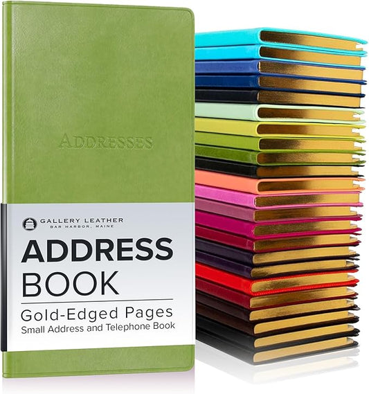 Gallery Leather Small Address Book with Alphabetical Tabs up to 403 Records, Leather Notebook Hardcover, Telephone and Address Books - 6 x 3.25 ", Acadia Lime