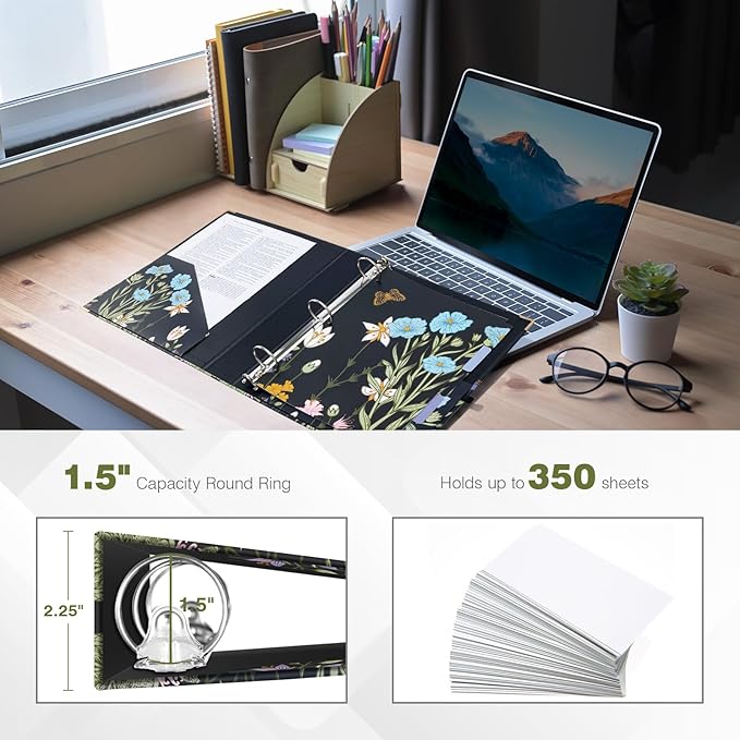 Ospelelf 3 Ring Binder 1.5 Inch, Floral Round Ring Clipboard Binder with 5 Tab Dividers for Letter Size Documents, for School and Office Supplies, Moonlit Blossoms
