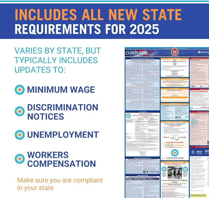 Vermont Labor Law Poster 2025- State, Federal, OSHA Compliant - Workplace Required Posting for Employees - Spanish OSHA Poster - UV Laminated Waterproof - 26" x 39.5” - Spanish