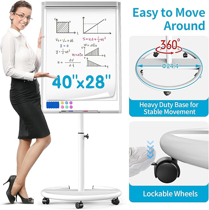 Mobile Dry Erase Board 40 x 28 inch, Magnetic Whiteboard on Height Adjustable Stand Dry Erase Easel Board with Flipchart Pad
