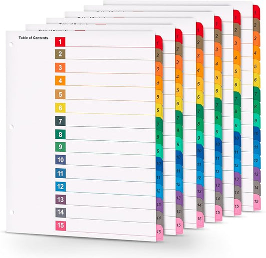 Tab Dividers for 3 Ring Binders – 6 Sets, 1–15 Numbered Index Dividers with Table of Contents – 8.5 x 11 in, 3-Hole Punched – Binder Dividers for School, Office, Filing, Organizing - 6 Pack