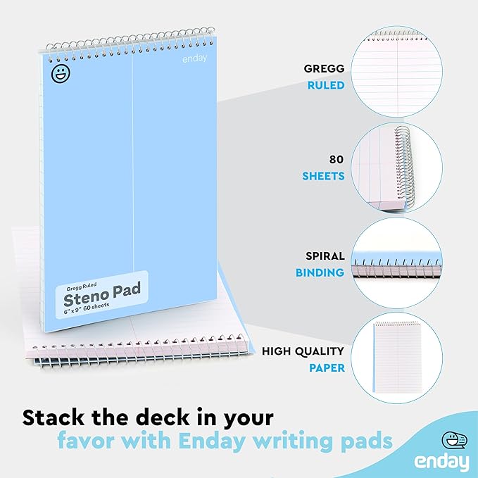 Enday Steno Pads Spiral 6x9 12 Pack, Pastel Colors Gregg Ruled Steno Pad, White Paper Spiral Notepad, 60 Sheets Top Bound Steno Notebook for School, College, Work and Home, 4 Assorted Colors