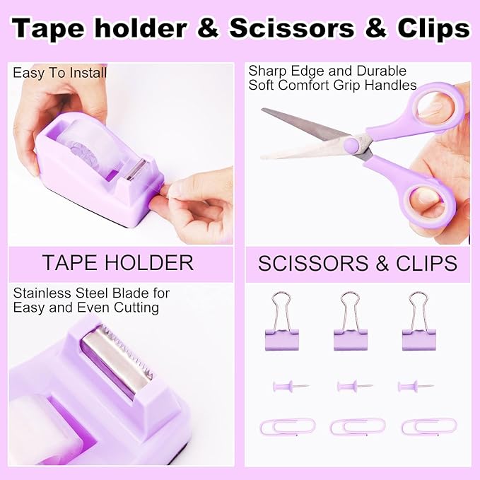 Purple Desk Organizers and Accessories 10Pcs Set with 360-Degree Rotating Pen Holder, Tape Dispenser, Stapler, Staple Remover, 1000 Staples, Tape, Clips Set, Ruler, Scissor, Pen (Purple)