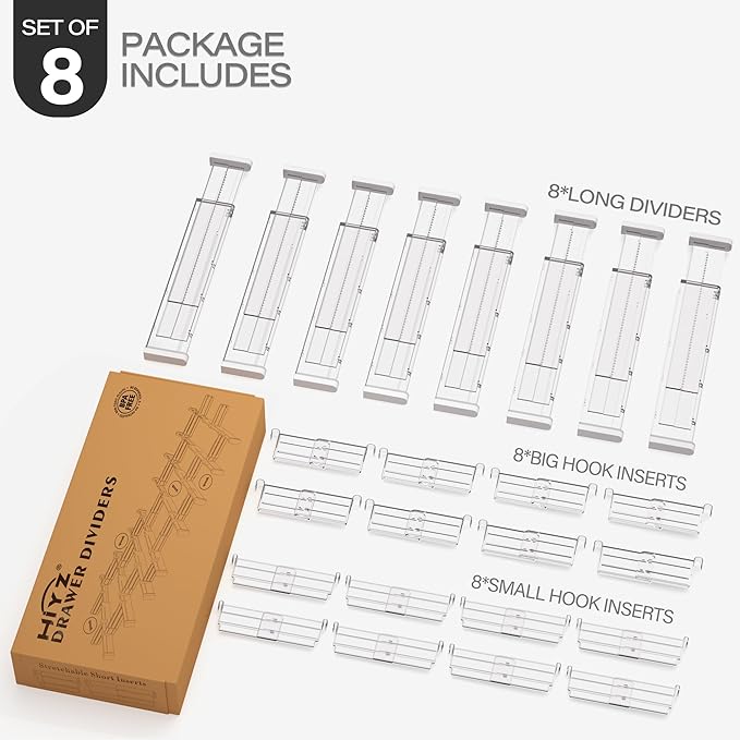 HiYZ Expandable Drawer Dividers with Inserts - Adjustable Drawer Organizers Separators for Kitchen, Bedroom, Dresser, Office, 8 Long Dividers(12.6-22.8 IN) with 16 Inserts(3.9-7.1 IN) - Clear