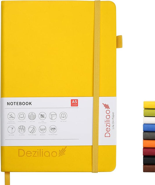 Deziliao Lined Journal Notebooks with Pen Loop, Hardcover Notebook Journal for Work, 100Gsm Premium Thick Paper with Inner Pocket, Medium 5.7''''x8.4'''', ?Yellow, Ruled, 1 Pack