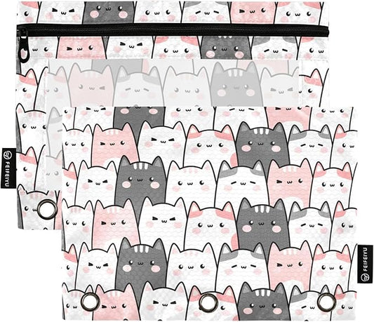 Cute Cats Kittens Pencil Pouch for 3 Ring Binder, 2 Pack Waterproof Pencil Bags Clear Window Zipper School Office Supplies