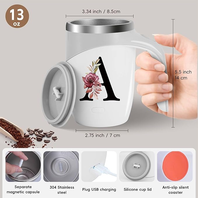 Initial Magnetic Stirring Coffee Mug Stainless Insulated Travel Cup Women Wife Husband Happy Birthday Wedding Romantic Personalized Unique Gift Special Cute Day Custom Christmas Valentines Ideal,M