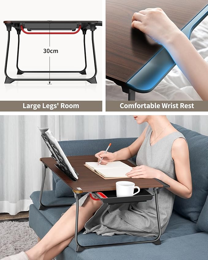 Laptop Desk for Bed, SAIJI XX-Large Foldable Bed Tray Table for Eating Breakfast, Writing, Working, Gaming, Drawing with Storage Drawer, Handrest Bookstand, Tablet Stand, Phone Stand(Black Cherry)